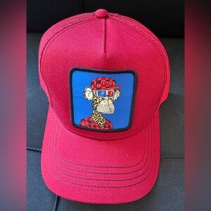 Red Trucker Hat with Cartoon Ape Patch